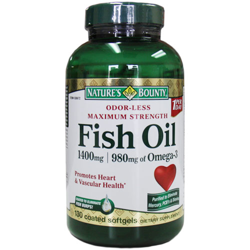 Maximum Strength Odorless Fish Oil 1400 mg, 980 mg Omega-3, 130 Coated Softgels, Nature's Bounty