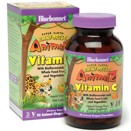 Super Earth Rainforest Animalz Vitamin C, Natural Orange Flavor, 90 Chewable Tablets, Bluebonnet Nutrition
