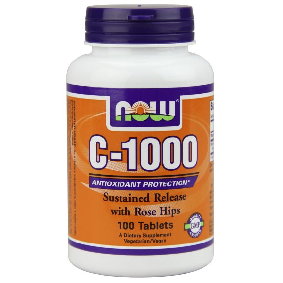 Vitamin C-1000 Sustained Release with Rose Hips, 100 Tablets, NOW Foods