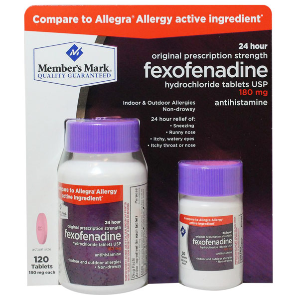 Fexofenadine Hydrochloride Antihistamine 180 mg, Allergy Relief, 120 Tablets, Member's Mark